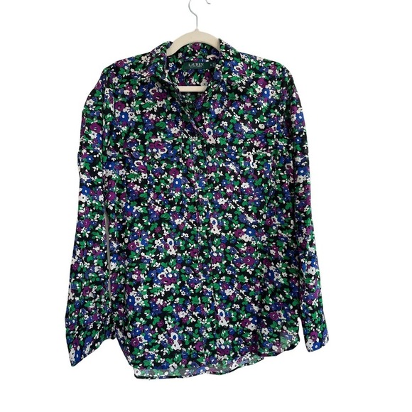 Lauren Ralph Lauren Floral Button Up Blouse Cotton Like New Size Large - Picture 3 of 6